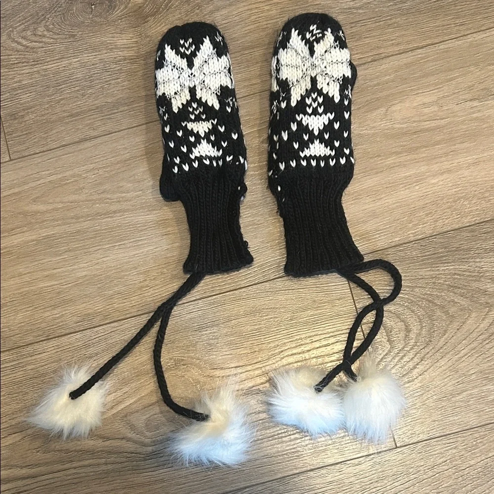 Mixit Black and White Snowflake Knit Mittens with‎ Pom Ties